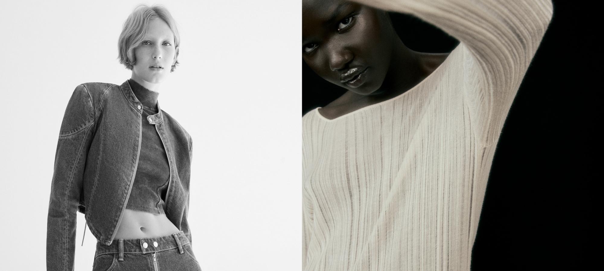 Dos modelos de Zara en una imagen en blanco y negro dividida en dos. Una con cazadora denim y la otra con camiseta blanca