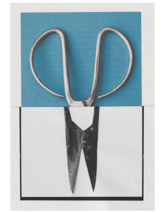 Collage of two scissors: one with metal handles on a blue background and the other with dark blades on a white background.