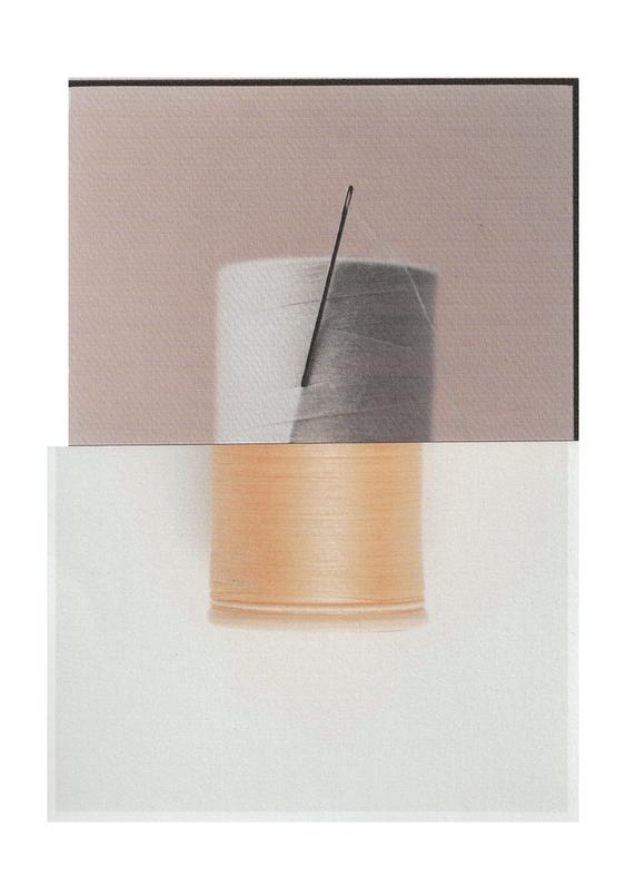 Collage of two spools of thread: one with white and gray thread and a needle, and the other with orange thread.