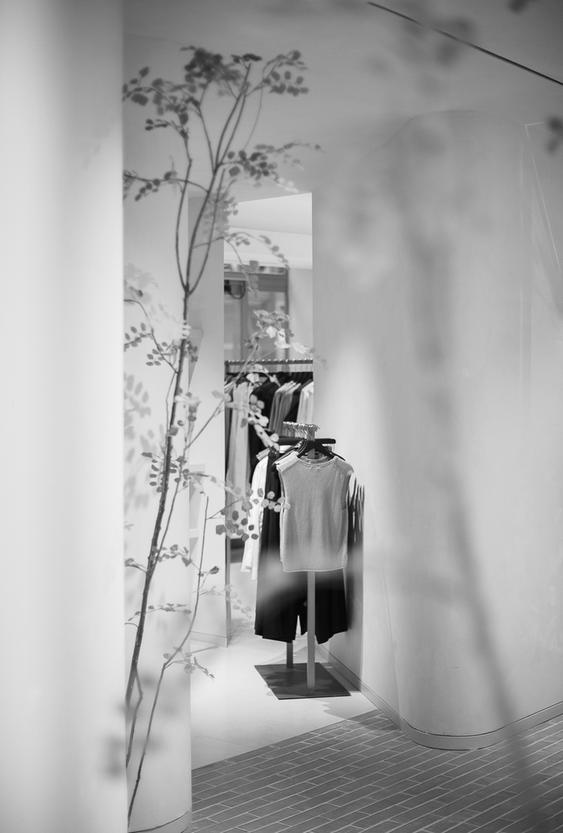 View of the interior of a clothing store through a shop window, with a plant in the foreground and a mannequin with clothes.