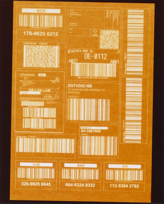 A collection of shipping and tracking labels with barcodes, QR codes, addresses and tracking numbers, in shades of orange and white.