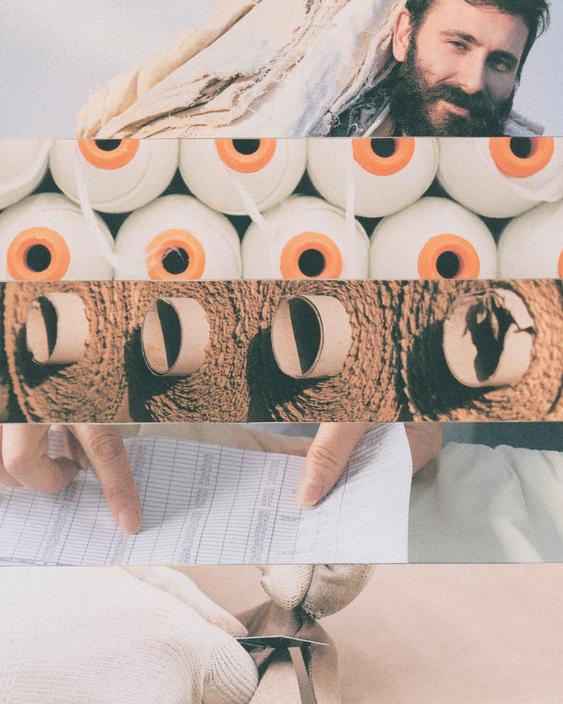 Collage of a bearded man, spools of thread, wooden rolls, hands checking a document, and hands working with fabric.